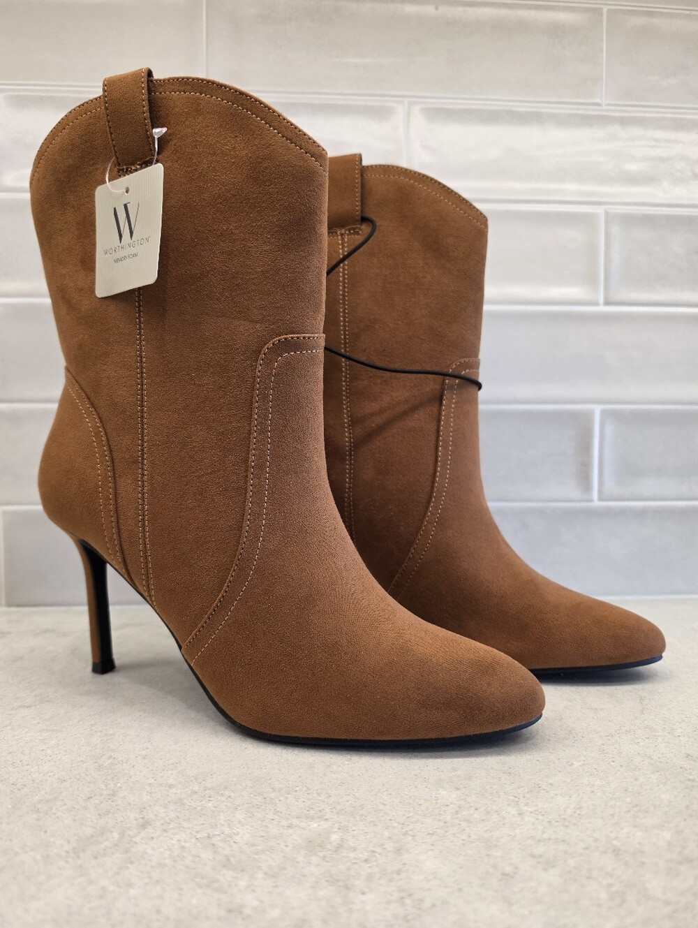 Worthington Cognac Textile Pointed-Toe Stiletto Ankle Boots